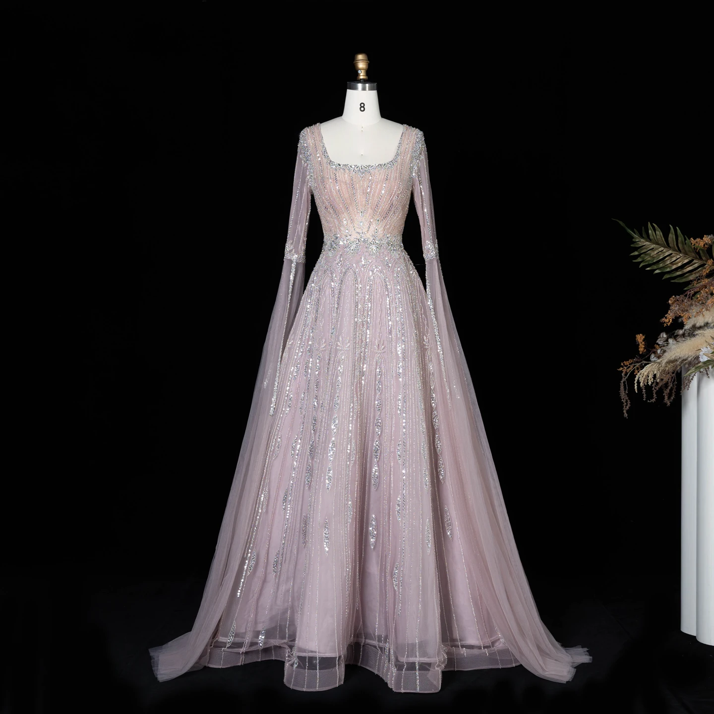 Sharon Said Luxuriöses Braunes Abendkleid mit Quadratischem Ausschnitt, Langen Glockenärmeln, Schwer Perlenbestickt, Dubai Formelle Partykleider SS065 Maßanfertigung – Detail 4