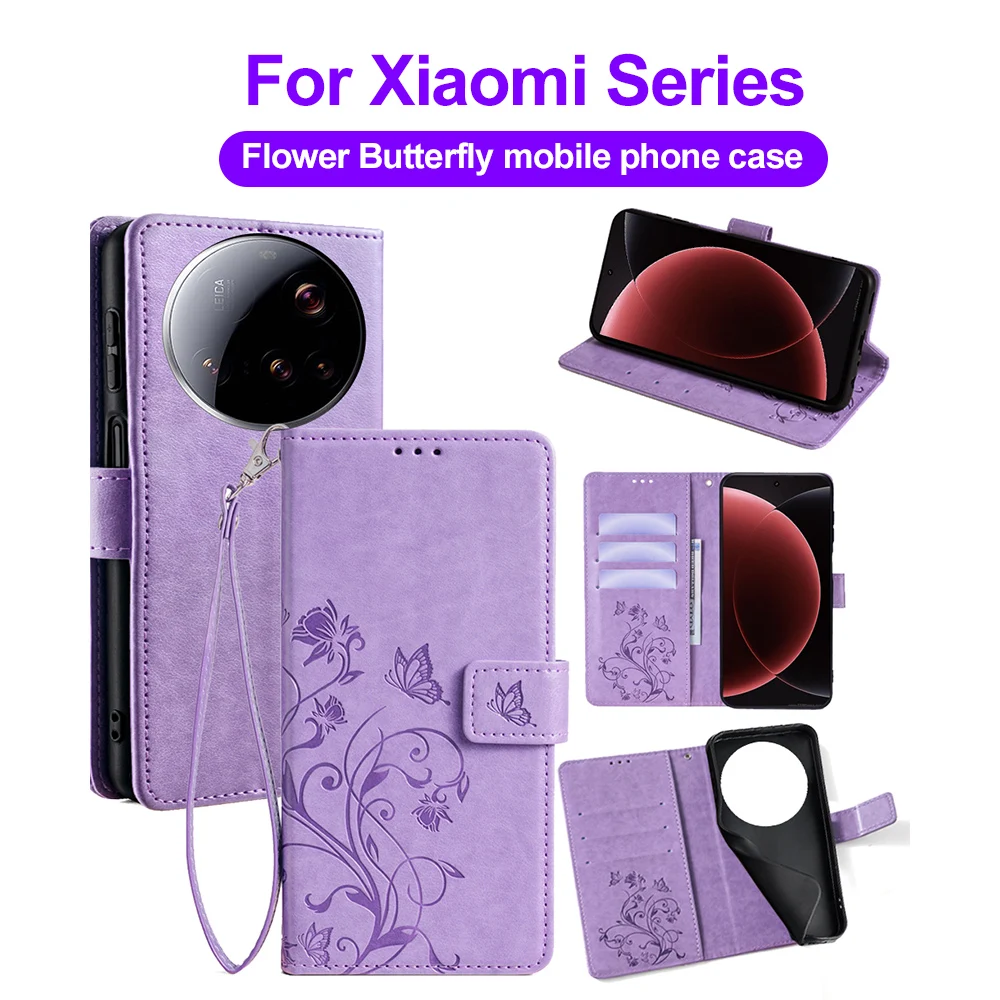 Wallet Phone Case PU Leather For Xiaomi 15T 14T 11T 12S Pro 5G 15 14 Ultra Multi‑Card Slots Flip Cover Butterfly Flower Printed