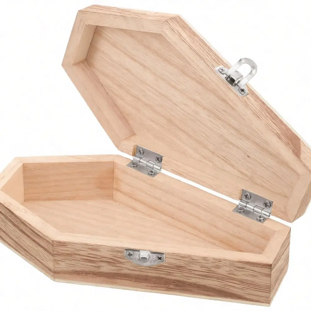 Wooden Jewelry Storage Organizer Gothic Coffin Design Cross Carved Trinket Box Desktop Decor Halloween Accessory