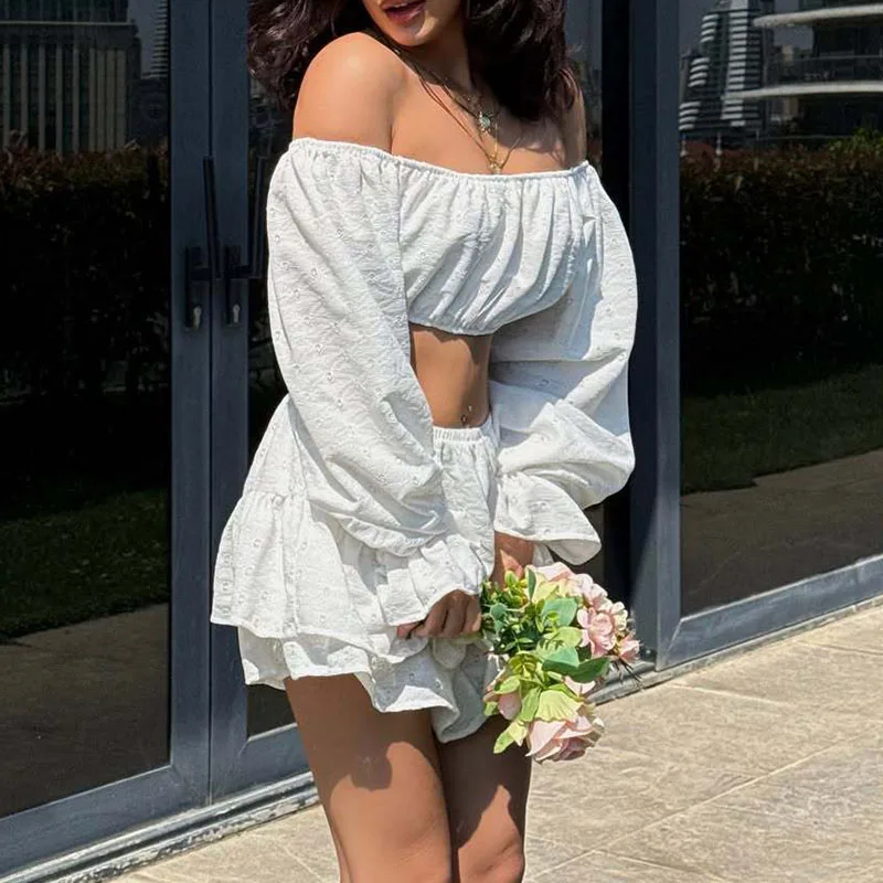 

White Hollow Out Navel Slim Fit Sexy Two Piece Set Woman Casual Clothing Off Shoulder Long Sleeved Top + Mini Skirt Beach Outfit