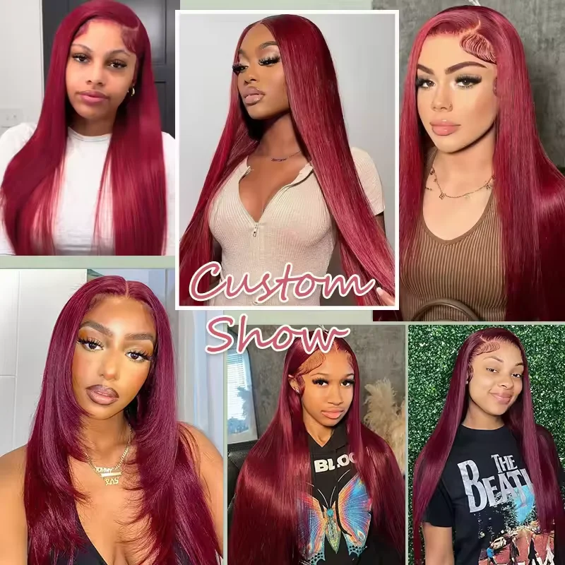46 بوصة 99J شعر بشري أحمر اللون شعر مستعار أمامي 200 كثافة 13x6 HD الدانتيل الشفاف بورجوندي مستقيم الجبهة الباروكات للنساء #4