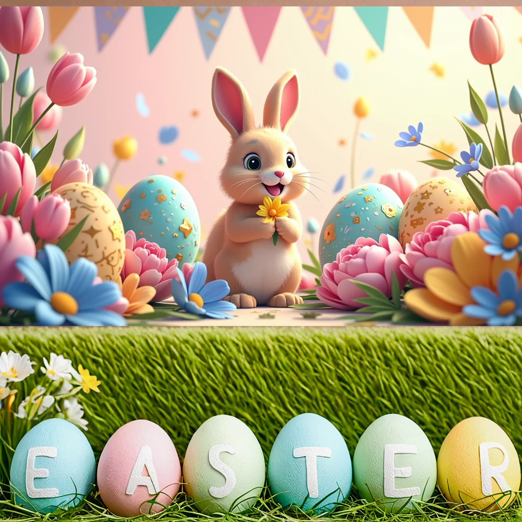Easter Spring Backdrop for Kids Party Decorations with Cute Bunny and Floral Eggs Photography Colorful Banner Background