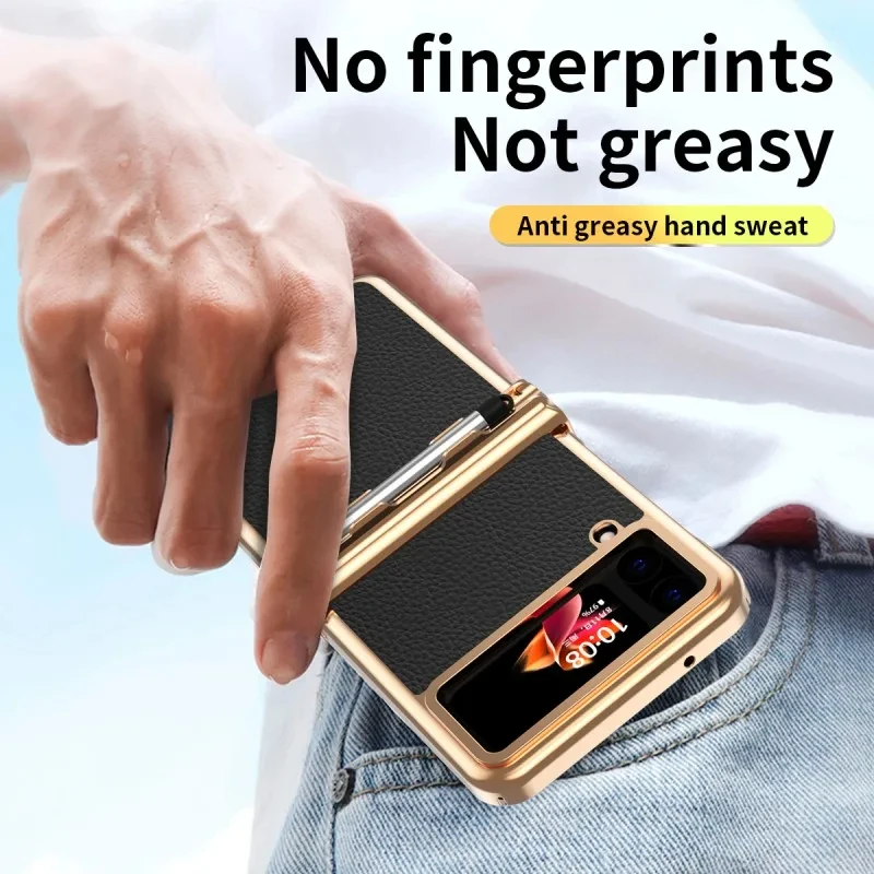 Plating PC Leather Case For Samsung Z Flip 6 5 4 Luxury Hinge Protective Folding Cover for Samsung Galaxy Z Flip 3 5 Touch S Pen