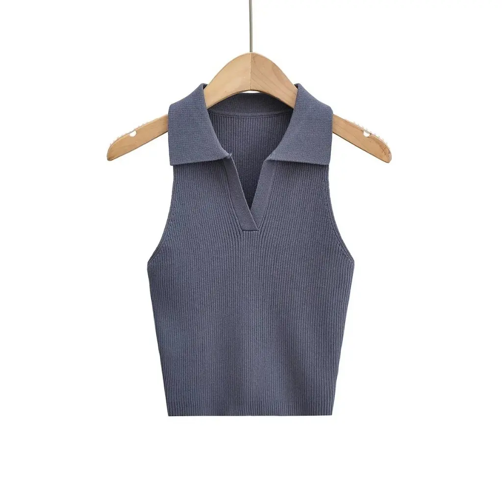 

Women's Solid Color Lapel Knitted Vest Fashionable Elegant Slim-fit Sleeveless Top European American Style Summer New