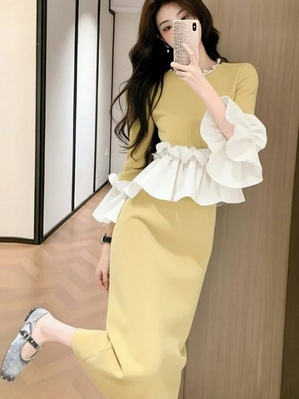 

Elegant Yellow Top And Half Skirt Two-Piece Set Women's Fashion Spring Collection High Waist Flared Hemline Warmth-Bearing