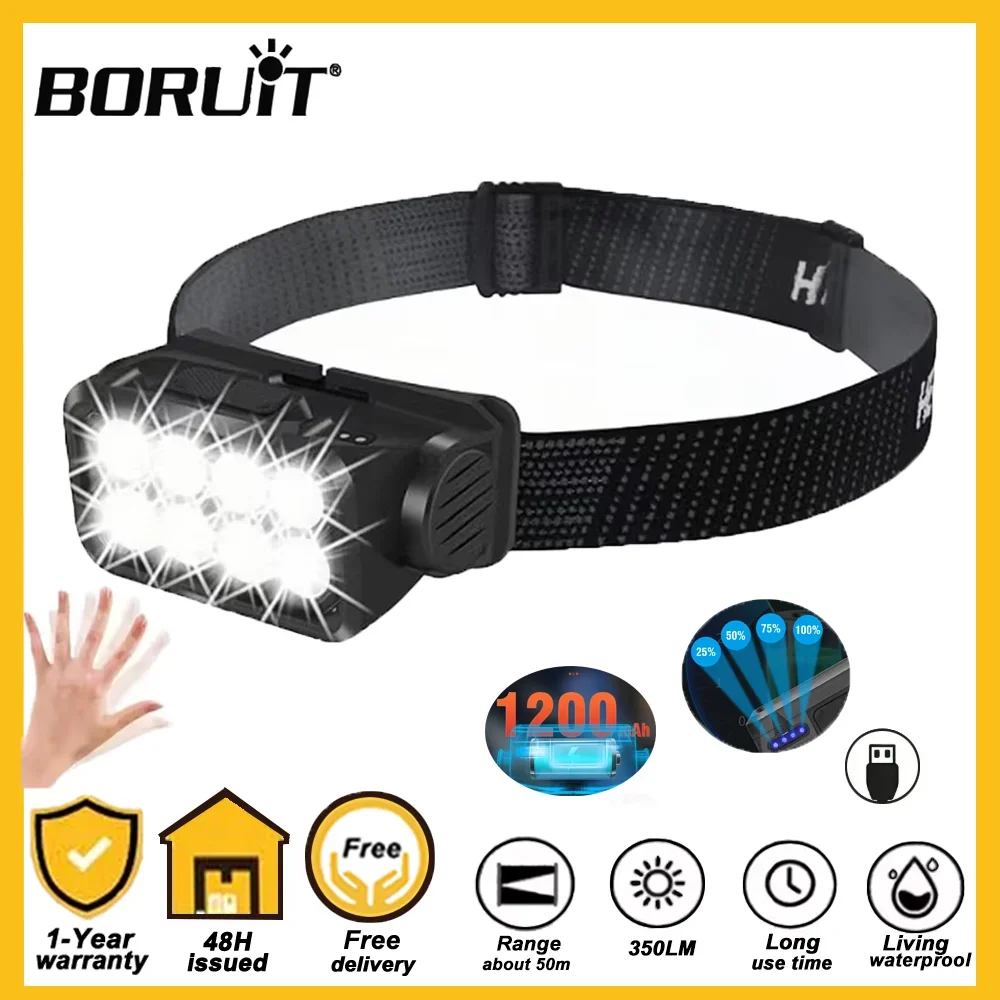 

Налобный фонарь BORUiT 8*LED с датчиком, перезаряжаемый, на аккумуляторе 18650, COB, Type-C, водонепроницаемый, мощный, для работы и кемпинга