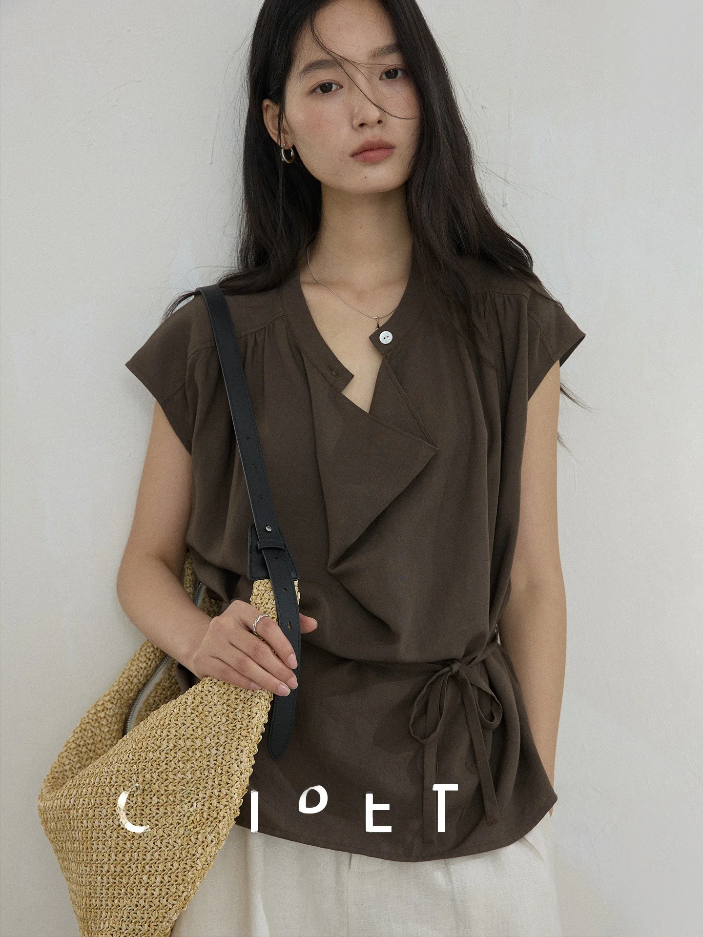 

CLIPETTE Женская летняя приталенная рубашка из смесовой ткани (вискоза/лен) с коротким рукавом, повседневный стиль, с поясом на талии, тонкий материал