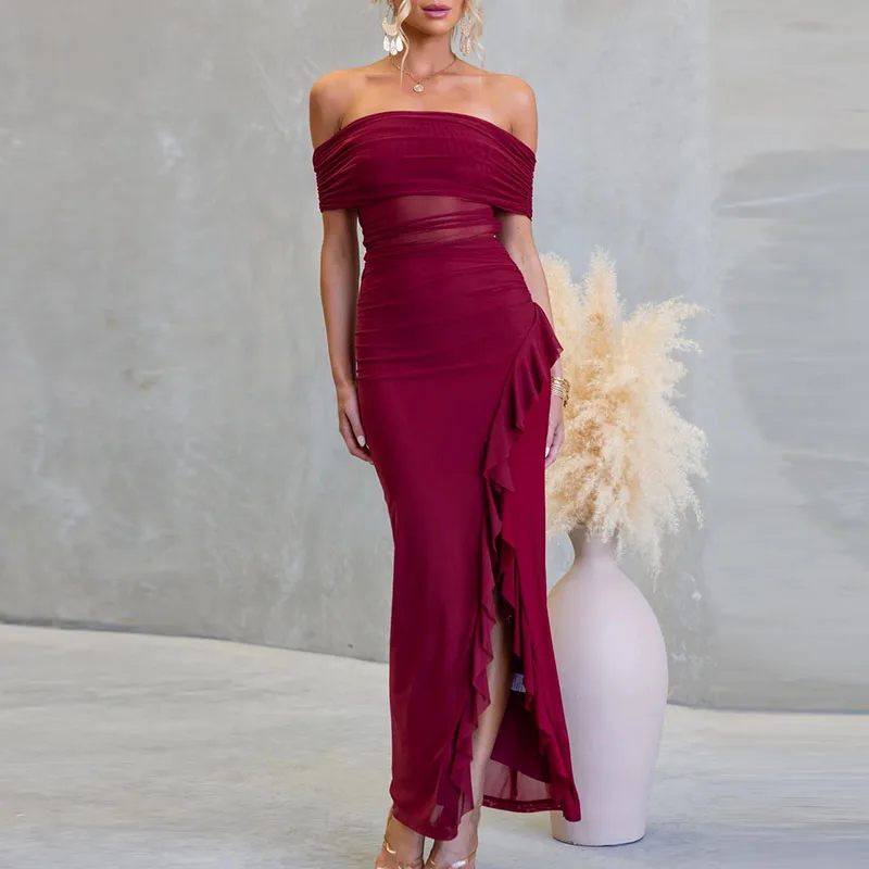 Vestido de fiesta con espalda descubierta y agujeros para mujer, vestido elegante de Color sólido con volantes y abertura, vestidos de dama de honor ajustados de malla de verano