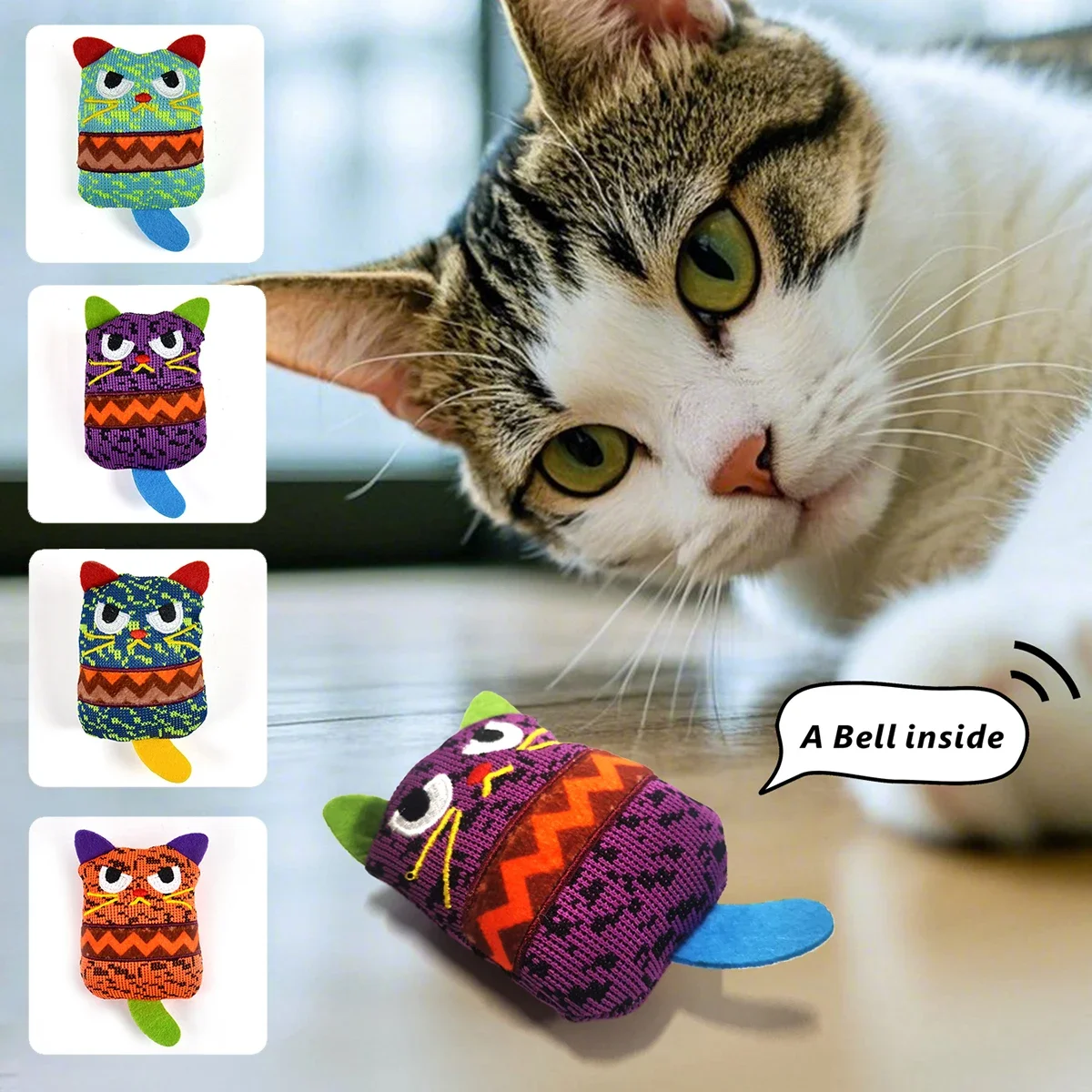 

4 pcs cat toy set with faux feathers and built-in bell to keep your pets entertained and relieve boredom