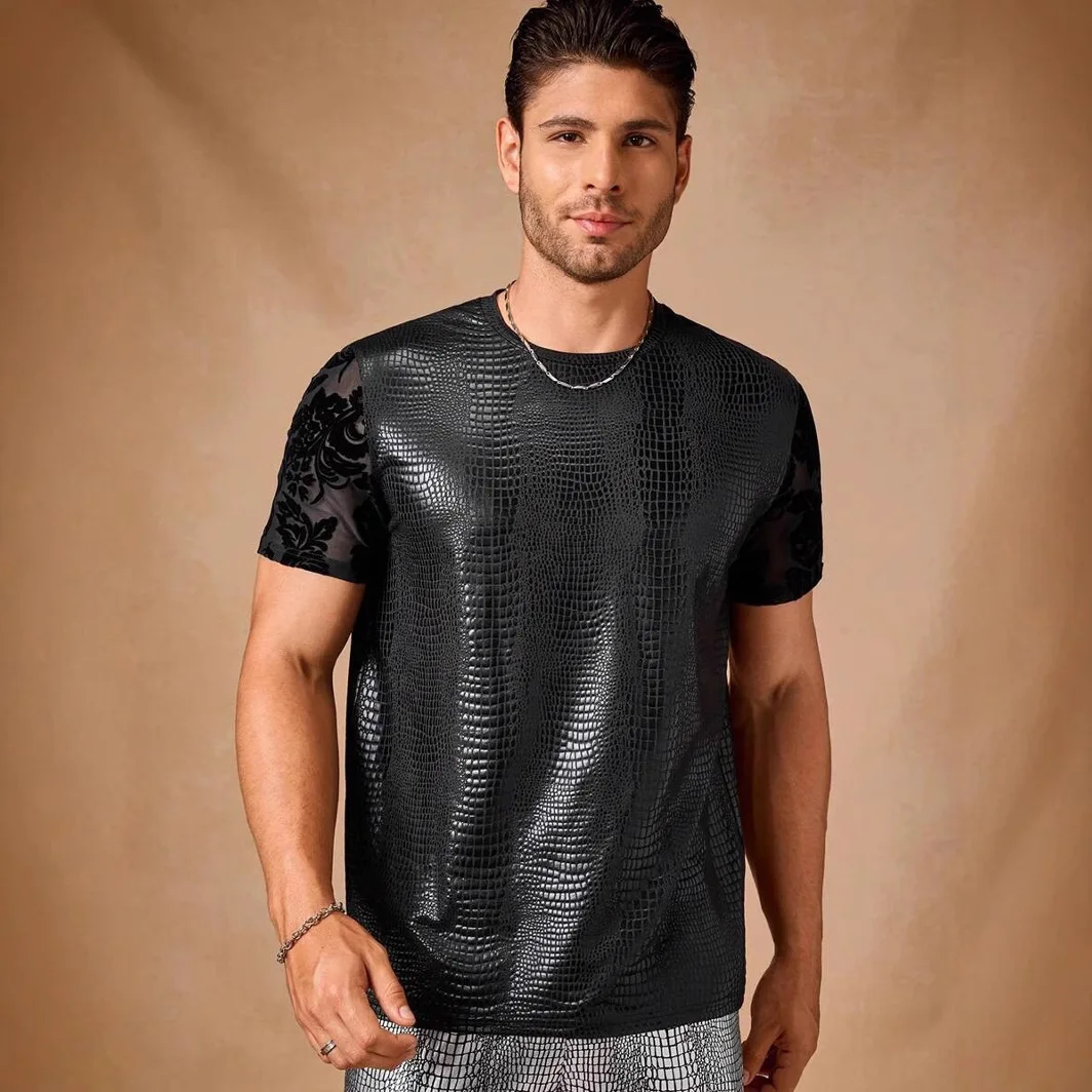 Summer New Men's Street Fashion Crocodile Pattern Splicing Top Trend Casual T-Shirt Club