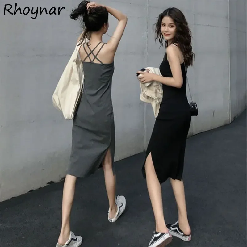 

Pure Dress Women Backless Slit Simply Vintage All-match INS European Trendy Streetwear Temper S-3XL Sexy Summer Vestidos Clothes