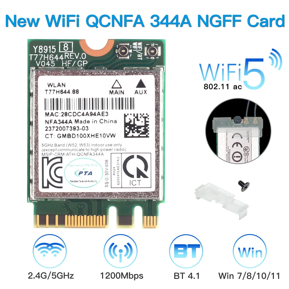 

Dual Band QCNFA344A 867Mbps 802.11AC For Bluetooth 4.1 WLAN Wireless WiFi Card Qualcomm Atheros QCNFA344A Wi-Fi NGFF M.2 Card