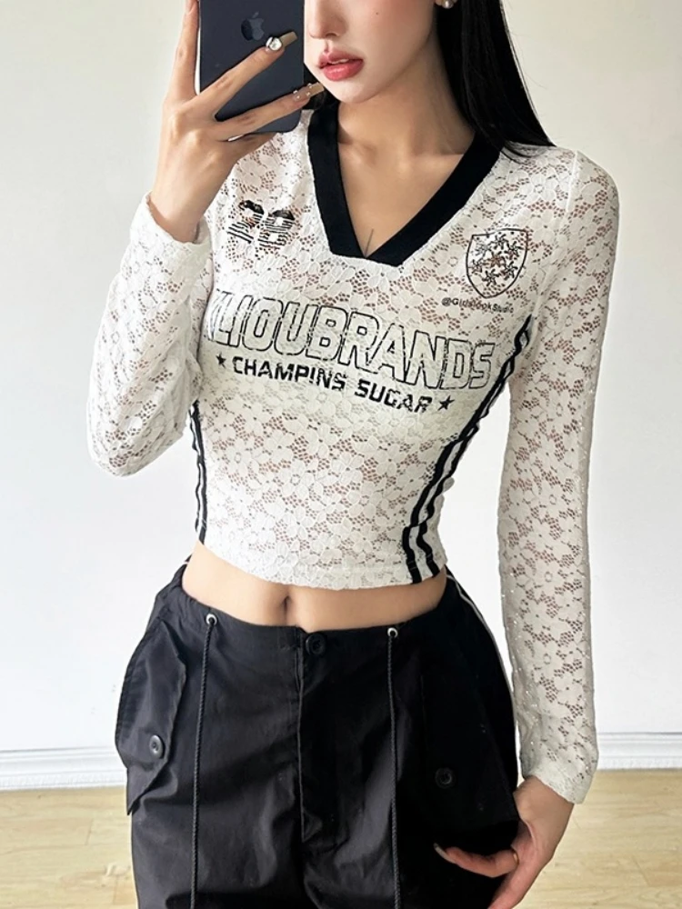 Letters Print T Shirts For Women Y2k Clothes V-neck Crop Top Long Sleeve Camisetas Lace Feminist Shirt Slim Fit Ropa De Mujer