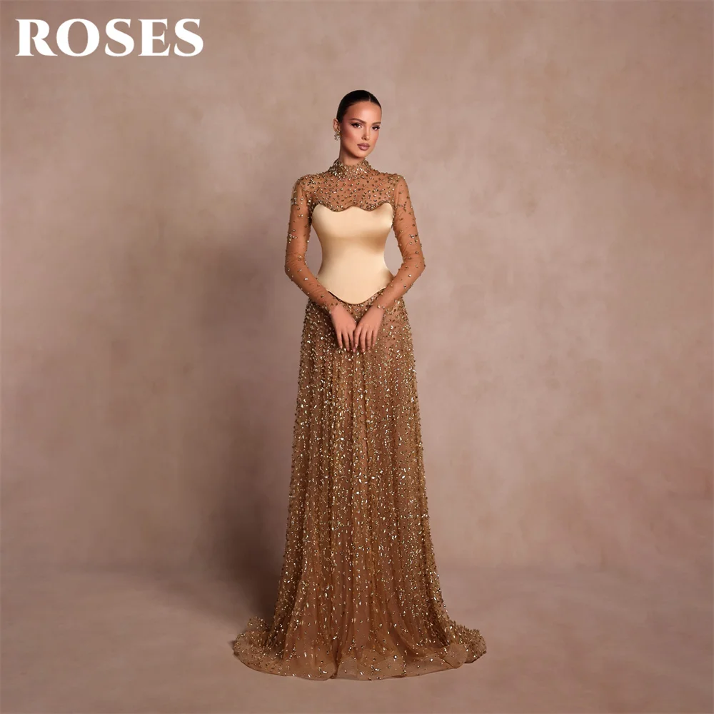 

ROSES Champagne Party Dress Stand Collar Long Sleeve Evening Dress with Rhinestones Formal Gown Prom Gown for Women Customized