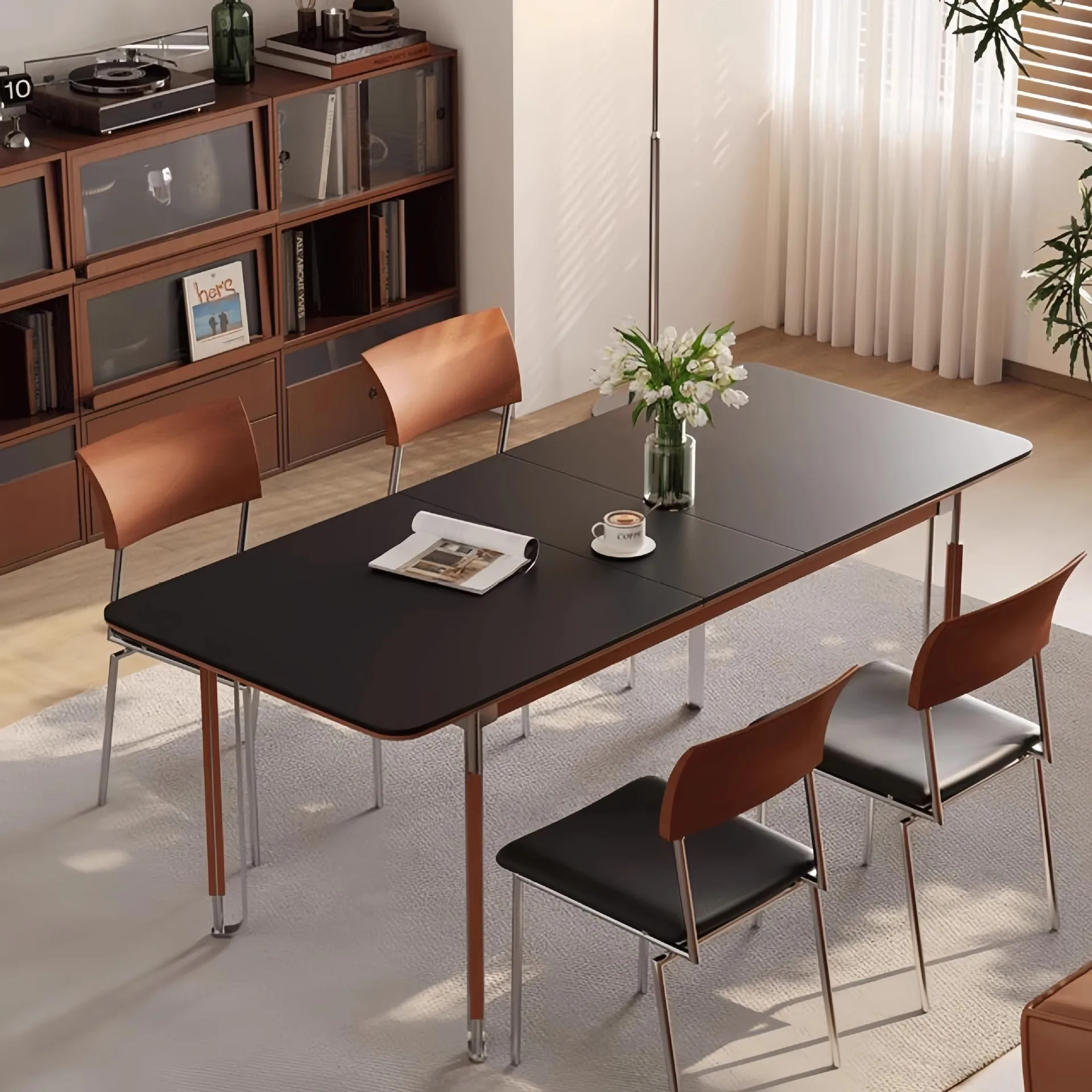 Solid wood rock slab dining table household small apartment rectangular dining table stainless steel medieval