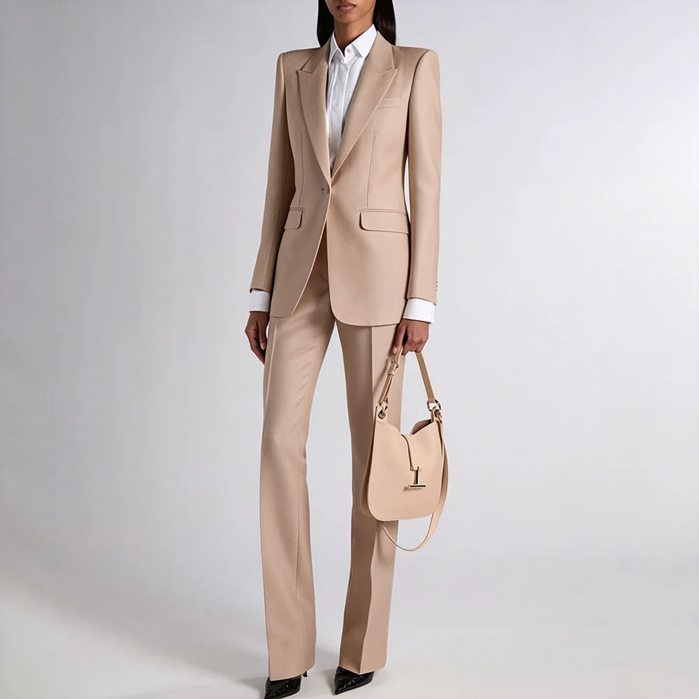 Exquisite Women Oatmeal Color Suit Straight Single Breasted Jacket Pants 2Piece Set Elegant Office Lady Outfit Formal Party Wear