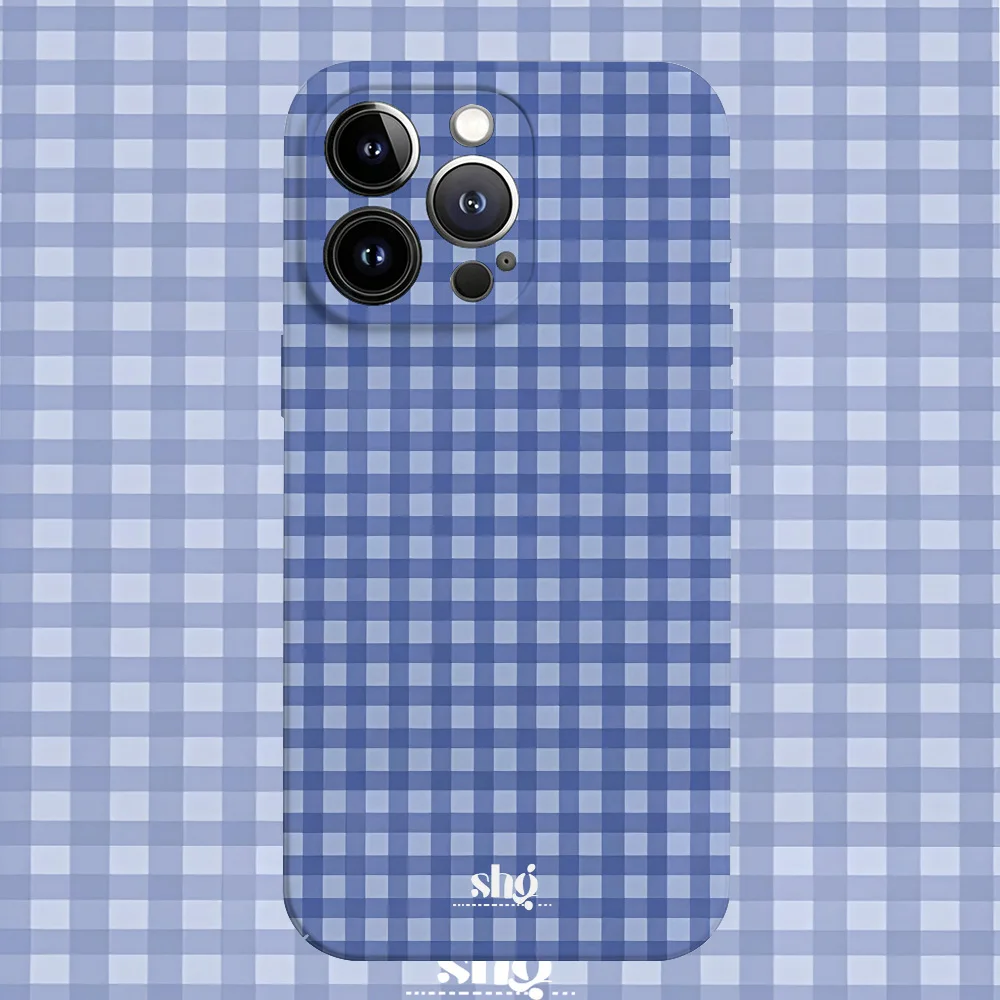 Blue Gingham Phone Case for Samsung Galaxy S20 S21 S22 S23 S24 S25 FE Plus Note20 Ultra 4G 5G Glossy Film Hard PC Cover