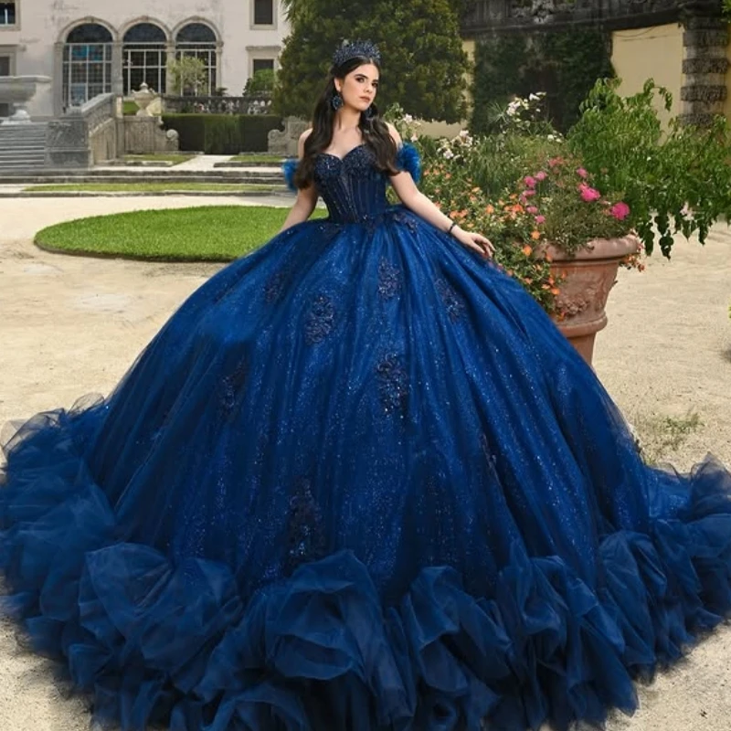 Navy Blue Shiny Quinceanera Dresses Off The Shoulder Applique Lace Beads Tiered Tull Corset Party Birthday Sweet 16 Dres Vestido