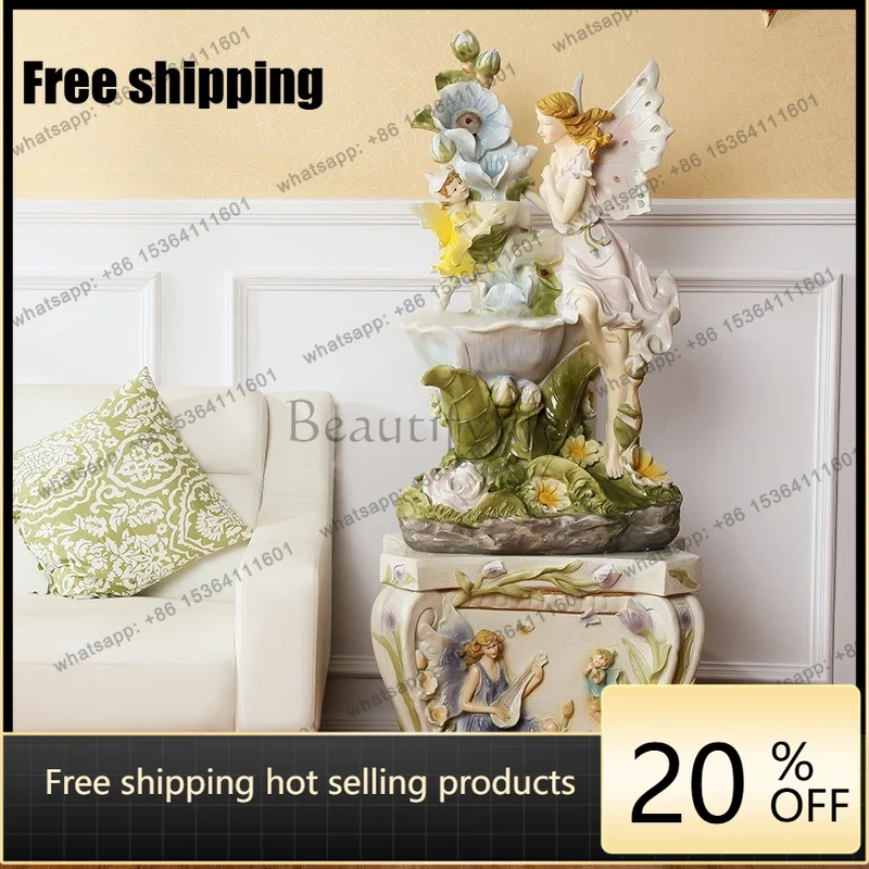 Large angel flowing water ornament Feng Shui fountain living room decoration, resin crafts