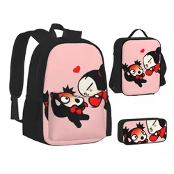 Cute Pucca e Garu Love Valentine zaini ragazzi ragazze Bookbag borse da scuola zaino per bambini borsa per il pranzo borsa per penna Set di tre pezzi