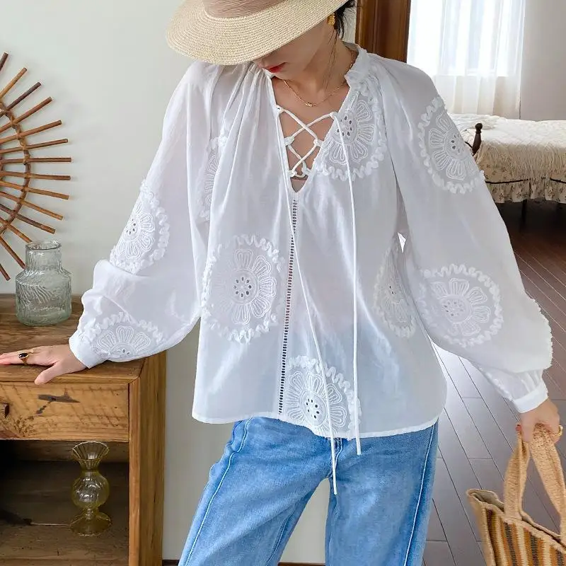 

MIMIBIANCHE French Sle Women's Long Sve irt Summer Vaion White Cotton Polyester Fibre 00% Embroidered Ladies irt