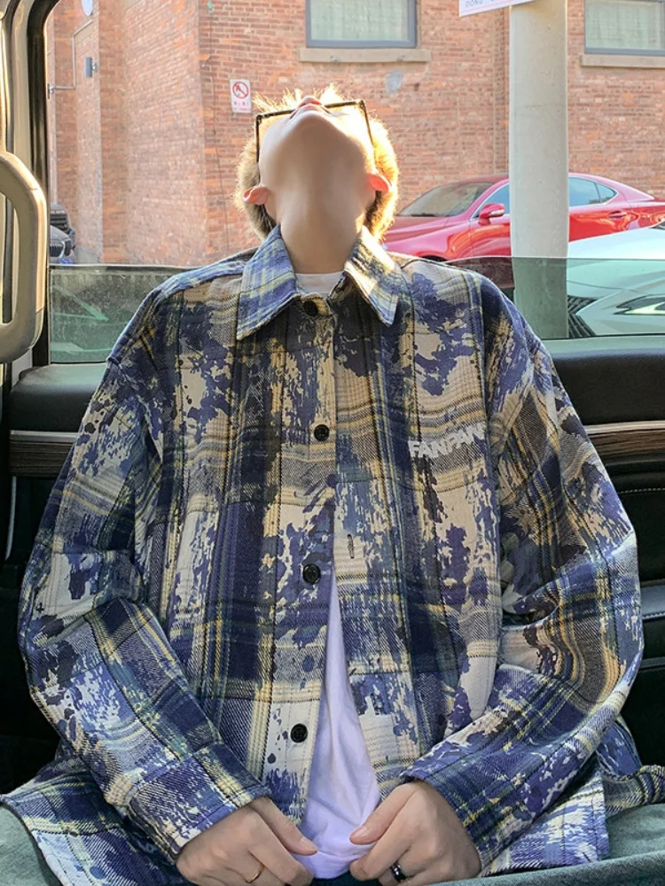 

Мужская рубашка в американском ретро-стиле с эффектом тай-дай, длинным рукавом, клетчатым узором, на пуговицах, для весны и осени, повседневная, классическая