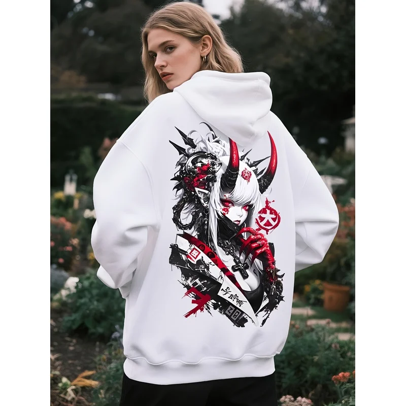 Stylish Japanese Anime Female Demon Lead Splash Ink Pattern Print Unisex Casual Sporty Street Warm Hooded Sweatshirt