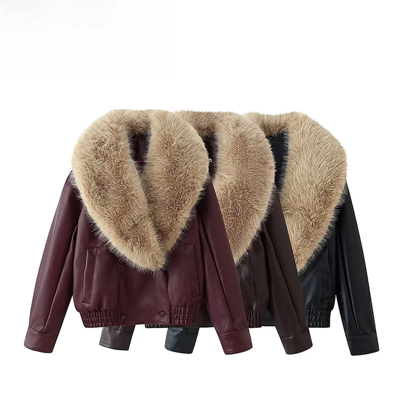 Jesienna Nowa Damska Luźna Kurtka Skórzana z Futrzanym Kołnierzem, Prosta, Wszechstronna, Modna, Elegancka, Podstawowa, O Standardowej Długości, Idealna na Pół Roku