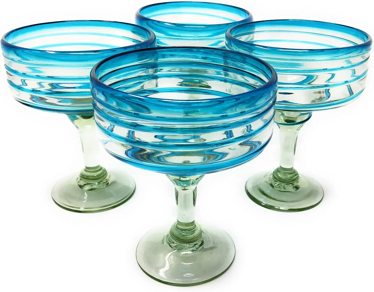 Mexican Hand Blown Glass \u2013 Set of 4 Hand Blown Margarita Glasses (16 oz) with Aqua Spiral Design