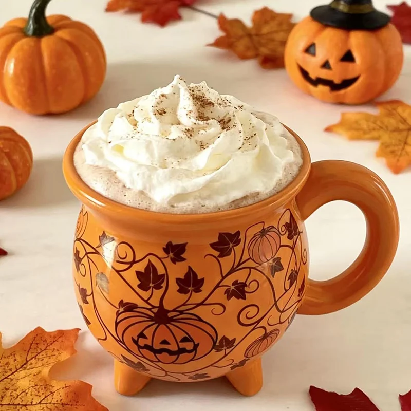 Stylish Pumpkin Pattern Ceramic Mug High Temperature Resistant Couple Halloween Witch Coffee Water Cup for Home Kitchen