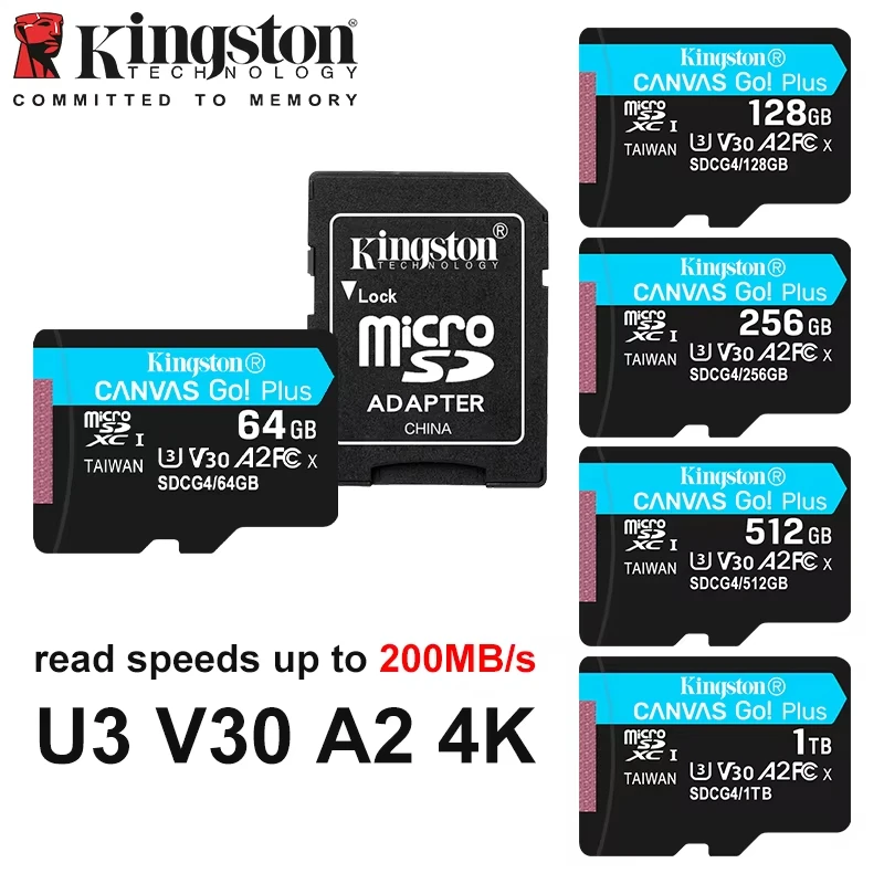 Tarjeta Micro SD Kingston Canvas Go Plus de 64GB 128GB 256GB 512GB 1TB A2 V30 U3 4K 200MB/s de alta velocidad, tarjeta de memoria TF para cámara y teléfono