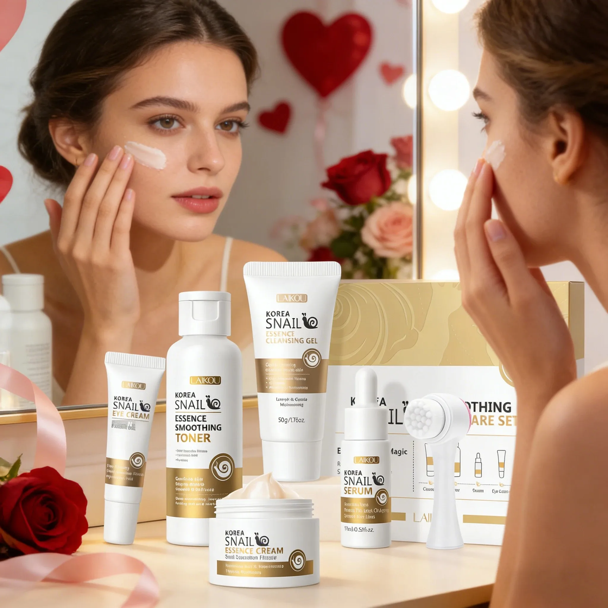 

Набор муцин в виде улитки из 5 предметов с кистью для лица, антивозрастной уход за темными кругами, глубоко увлажняющий крем, уход за кожей ко Дню святого Валентина, подарок для нее