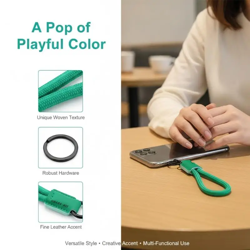 Buntes Nylon-Handgelenk-Schlüsselband mit Mini-PU-Leder-Schlüsselanhänger, tragbarer Handgelenkriemen für Schlüssel, Taschen und Anhänger-Dekoration – Detail 2