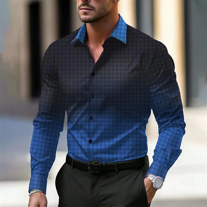 2024 Light Color Changing Plaid 3D Printing Men's Business Casual Shirt Formal Spring Summer Lapel Long Sleeve Blue S-5XL