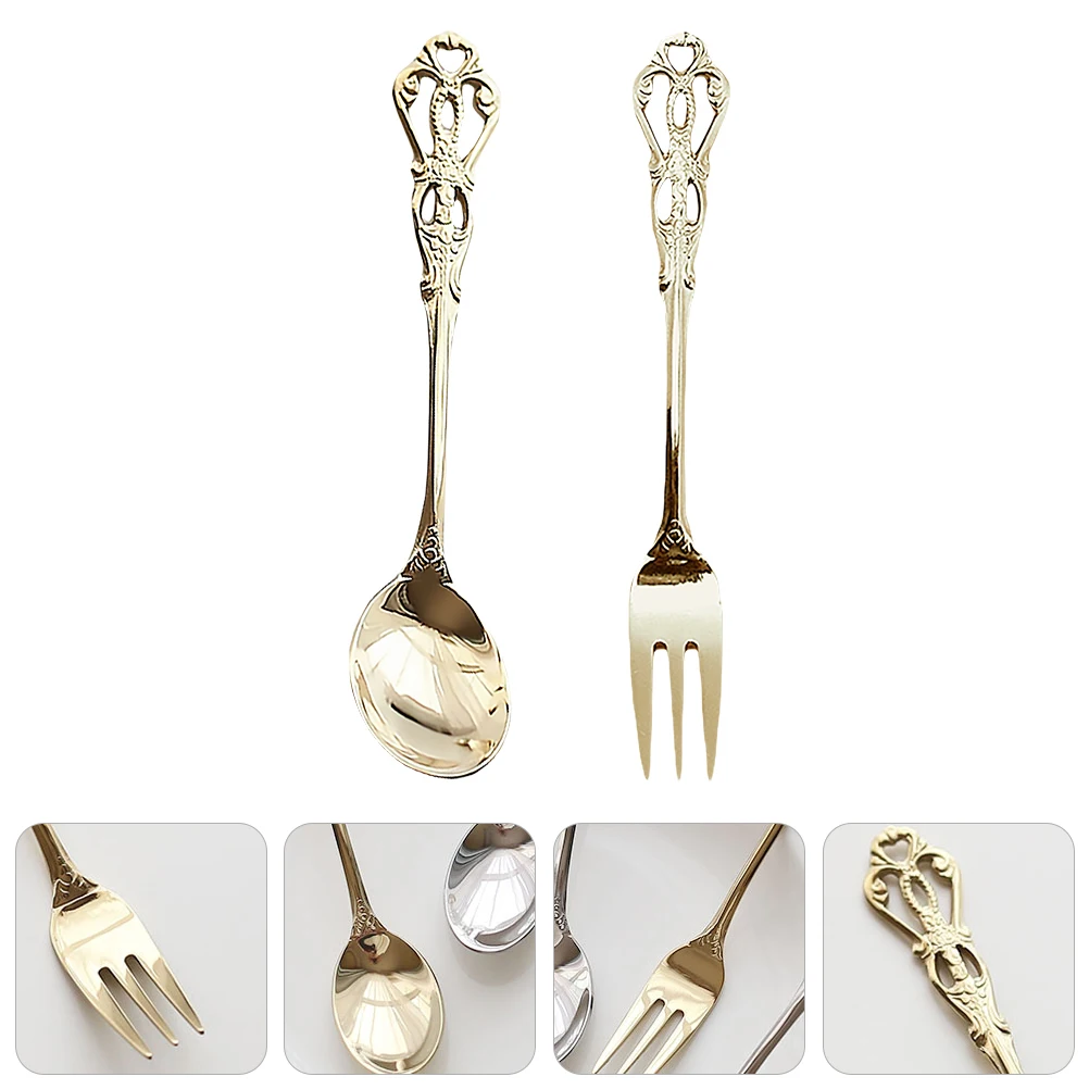 

1Set Gold Retro Fork Spoon Set Hollow Out Stainless Steel Tableware Dessert Eating Tools Kitchen Supplies Restaurant Home Use