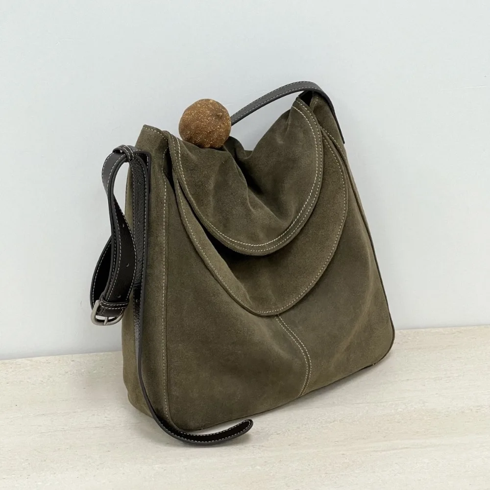 2026 New Retro First-layer Cowhide Double Fashion Cover Texture Unique Shoulder Bag Lazy Wind Large Capacity Matte Leather