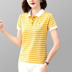 Yellow Striped Short Sleeve Tee T-shirt Woman Black White Polo Neck Shirts for Women Clothing Tops High Quality Polyester Trend