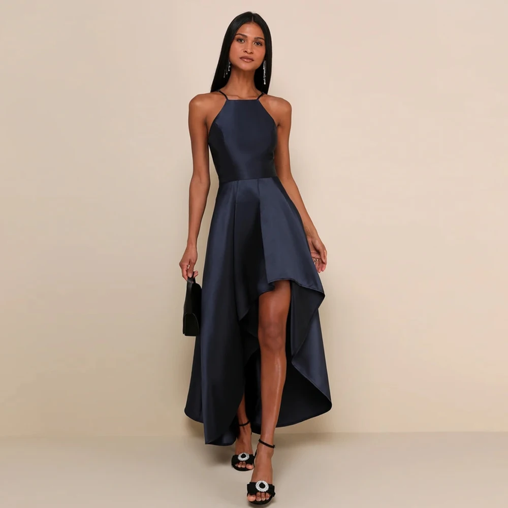 

Bowith Navy Blue Customized Sleeveless Prom Dresses with Pockets Satin Party Dresses Elegant Evening Dresses