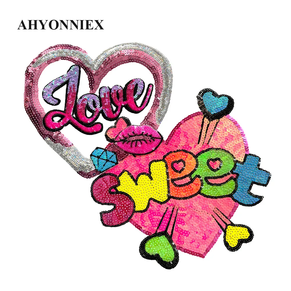 

Цельный милый городок в форме сердца с блестками и любовью, сладкие буквы, парч для костюма, платья, пальто, украшение, железная нашивка для одежды