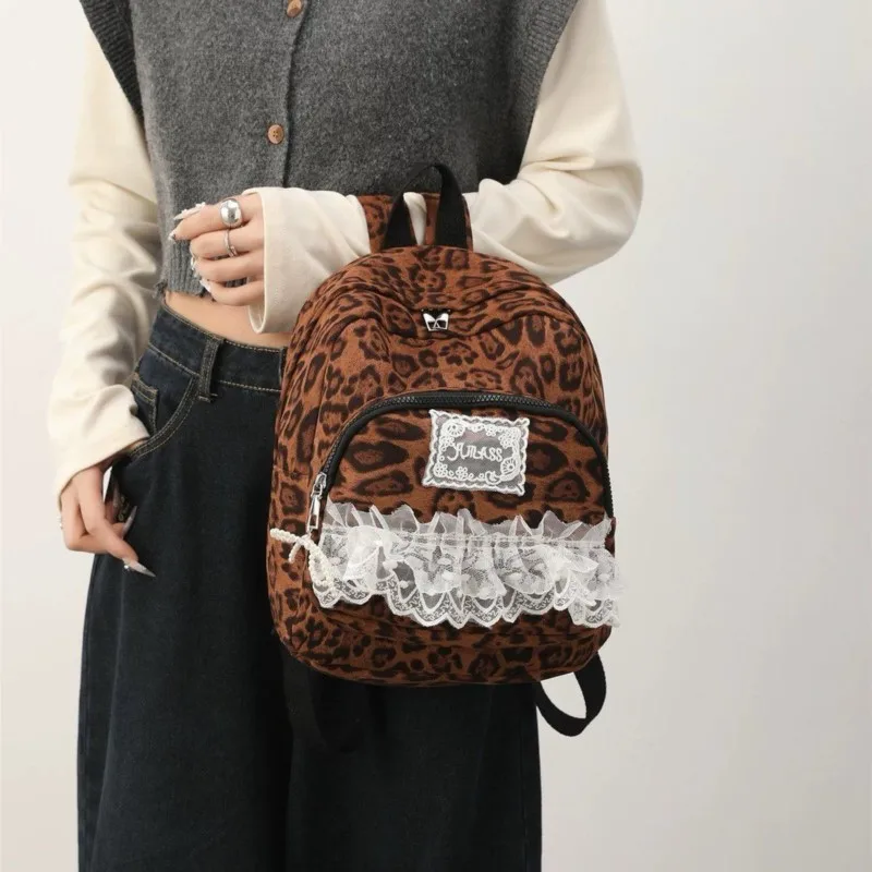 حقيبة ظهر نسائية من الدانتيل على شكل الفهد من Hot Girl حقيبة ظهر كلاسيكية ذات سعة كبيرة للسيدات Harajuku Y2k جماليات خفيفة الوزن Mochilas Mujer Chic #1