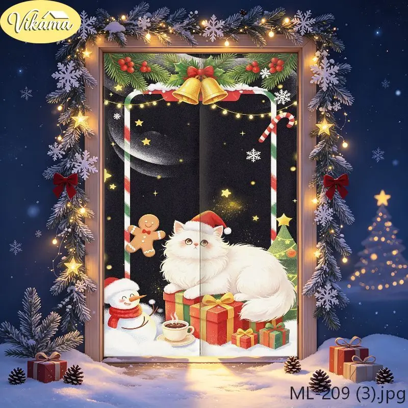 VIKAMA Christmas White Cat Gingerbread Snowman Door Curtain Black Background Long Hair Kitty Hat Gift Coffee Cup Holiday Linen