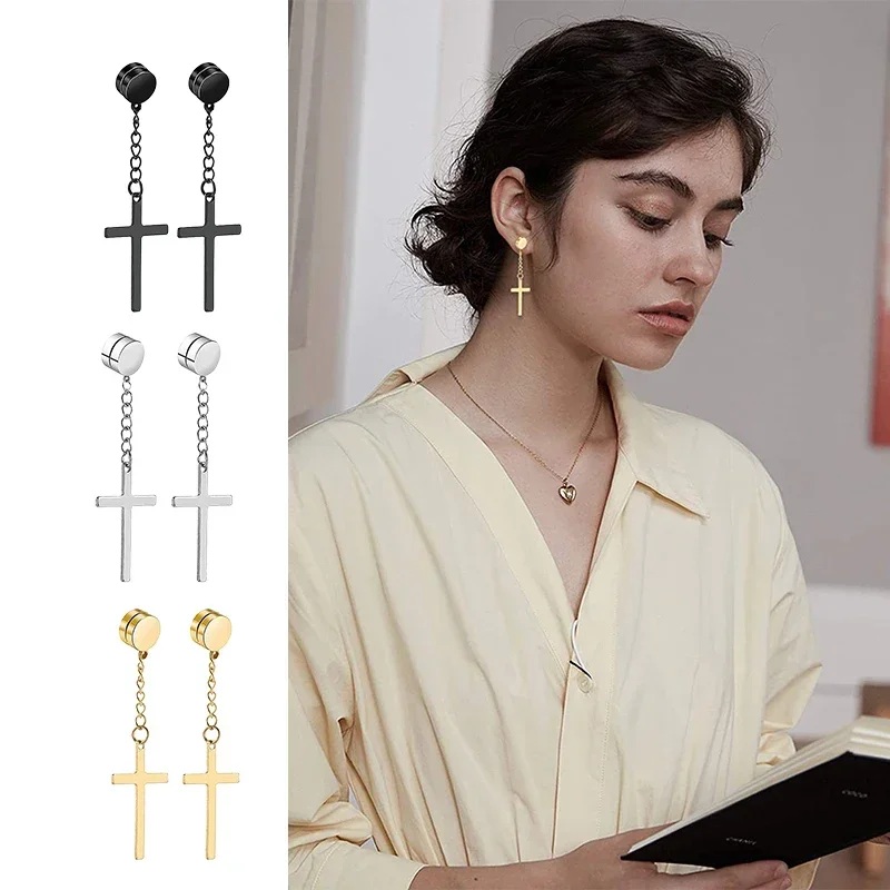 2pc Punk Mens Strong Magnet Magnetic Cross Ear Stud Set Non Piercing Earrings Fake Earrings Gift for Boyfriend Lover Jewelry view 3