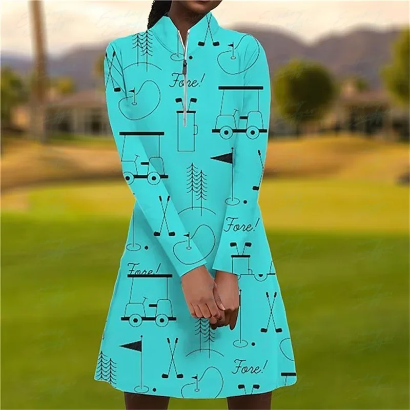 Golf Autumn Women's Long Sleeve New Golf Element Print Dress Fitness Comfortable Leisure Sports Long Sleeve Short Dress