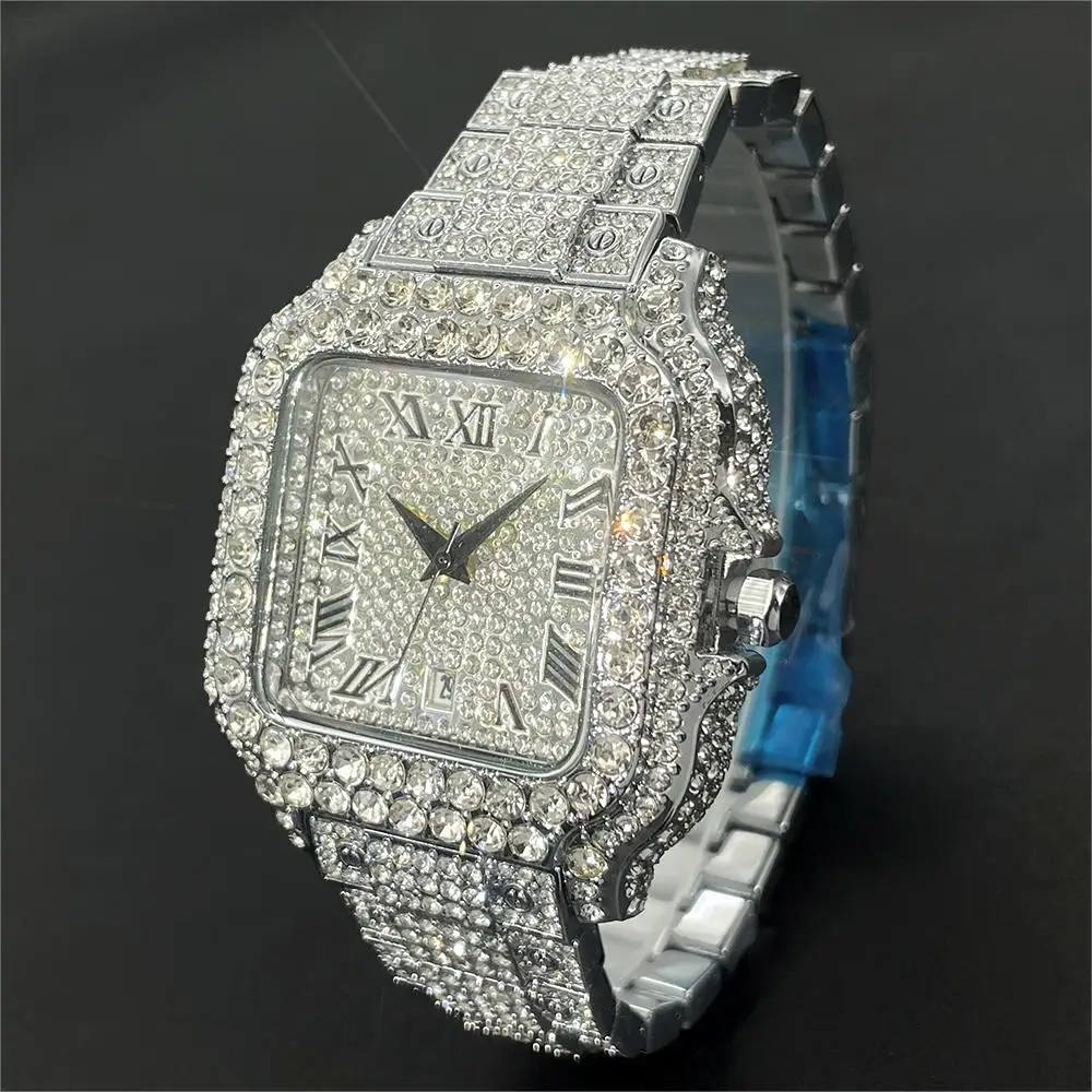 

2024 Fashion Men's Watches Brand PLADEN Luxury Iced Out Quartz WristWatch Hip Hop Diamond Jewelry Square Watch Mans Dropshipping