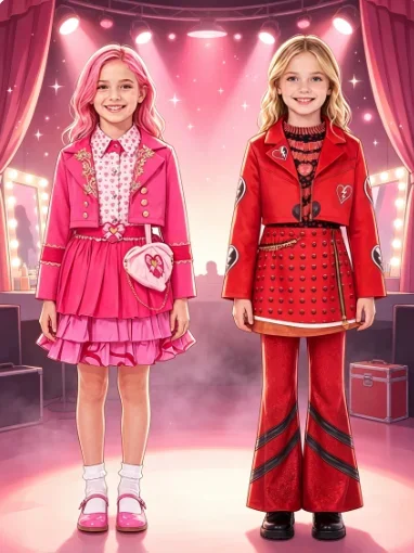 Disfraz de cosplay de cine y televisión para niñas: corazón rojo + chaqueta estampada rosa + top + falda + pantalones, cosplay con temática de Halloween.