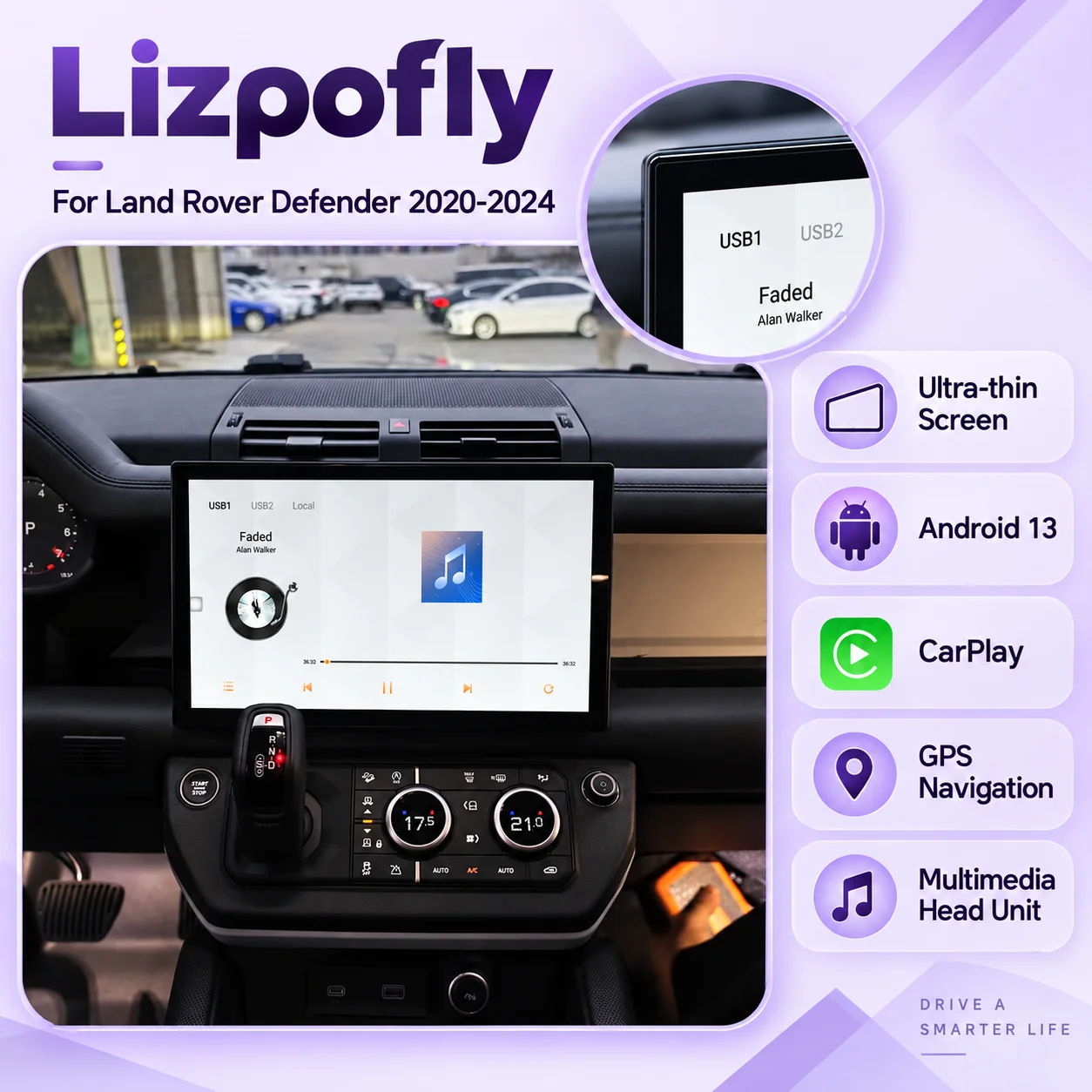 Lizpofly Android 13 Car Stereo For Land Rover Defender 2020-2024 Ultra-thin Screen CarPlay GPS Navigation Multimedia Head Unit
