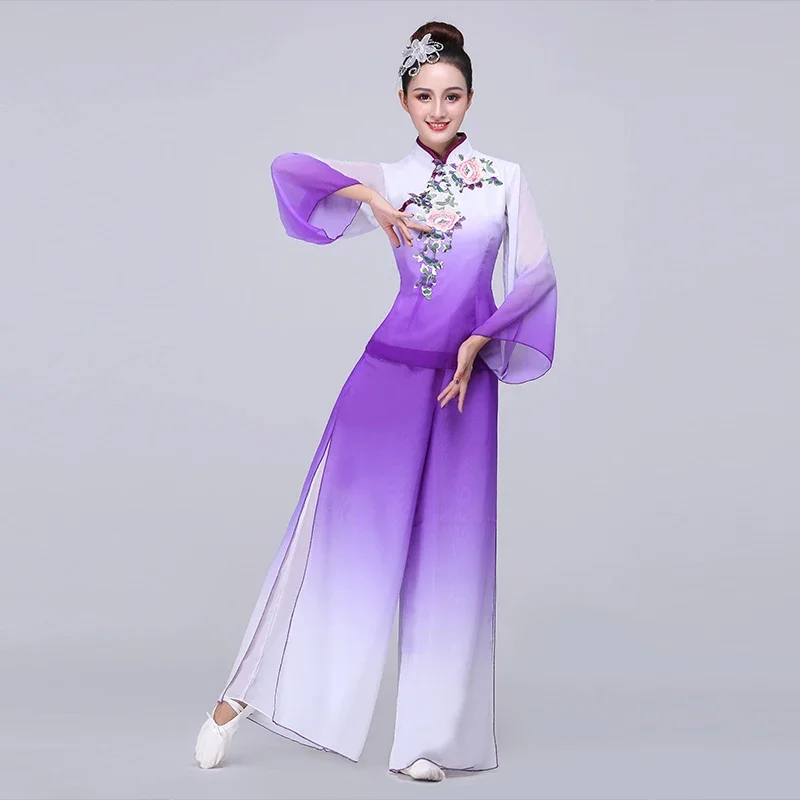 

Ancient Chinese Tradition Drum Yangko Dance Costumes Purple National Dancewear Vintage Umbrella Dancer Wear for Stage Shows