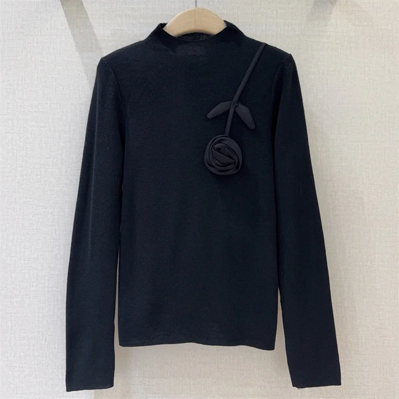 Women's sweater 2025 Winter new elastic knitted slim fit long sleeved top wool blend women's tops 3D flower decoration pullover