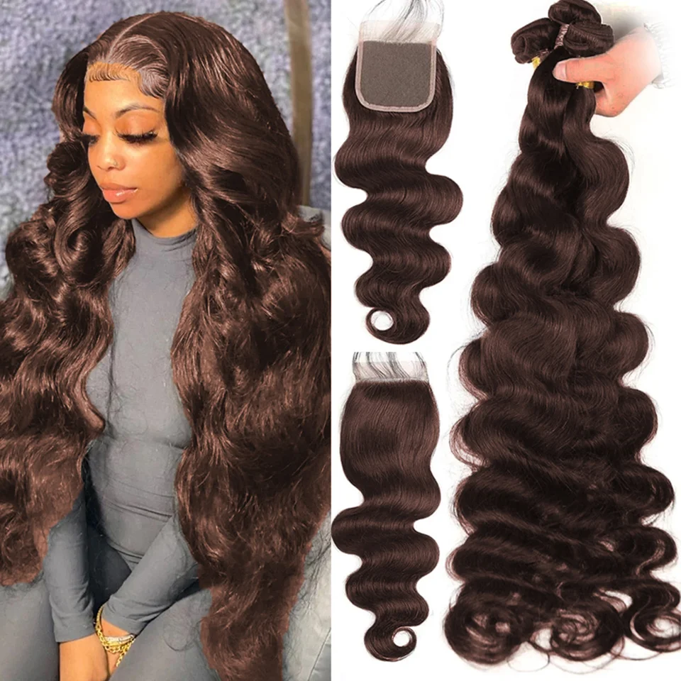 Colored Body Wave Hair Bundles 8-32 Inch #4 Brown Body Wave Bundles with HD Closure Peruvian Remy Human Hair Lace Frontal