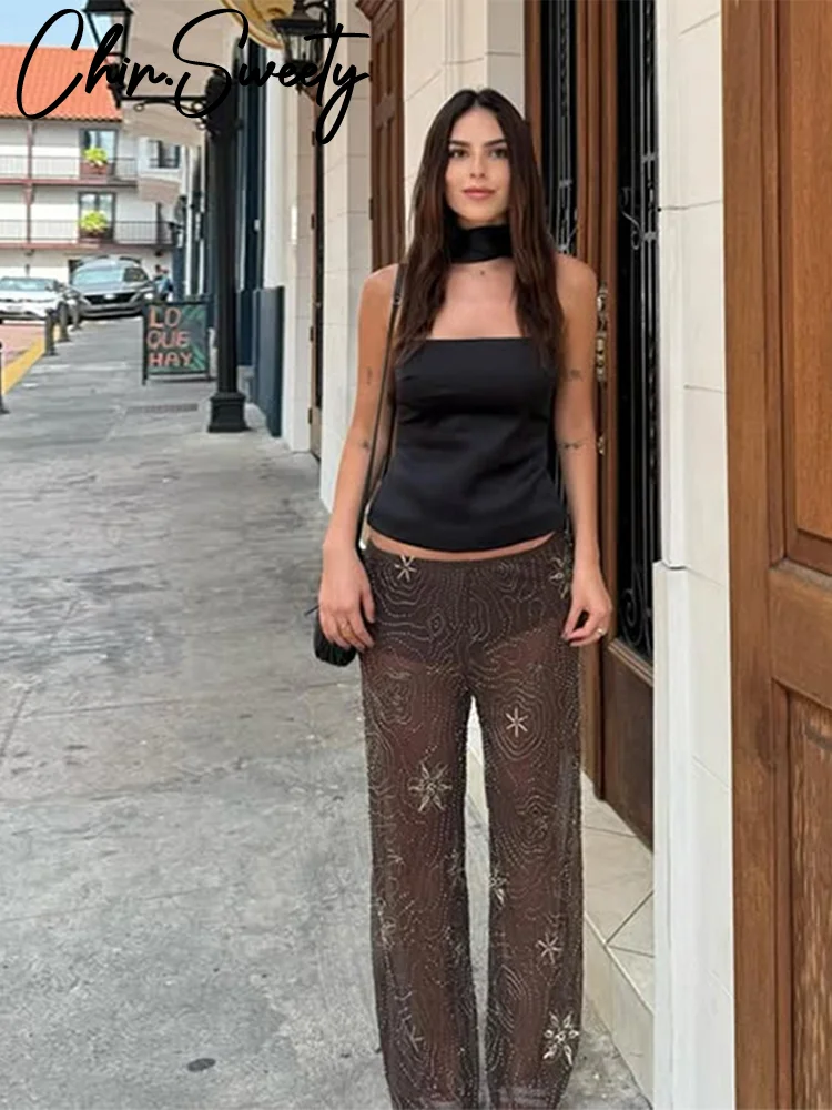 موضة الديكور انظر من خلال المرأة بانت مرونة الخصر واسعة الساق نادي الحفلات البني بنطلون 2025 الربيع الصيف سيدة ملابس خارجية فضفاضة